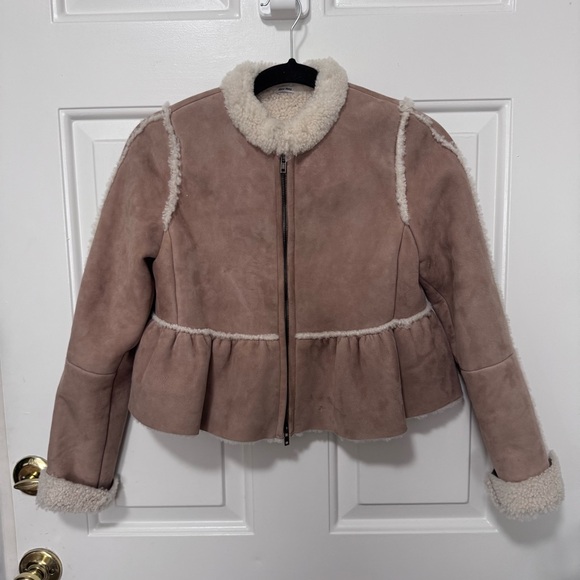 Miu Miu Suede Sheep Fur Peplum Beige Zip Up Jacket Size 38 or US Size XS - Picture 1 of 16